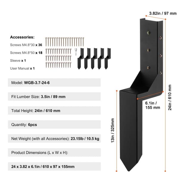 Hegnspæls Anker Reparationssæt 6-Pack, 3,5x3,5 Tommer, Heavy Duty Stål Støttepæle, Reparation af Vippede og Knækkede Hegnspæle