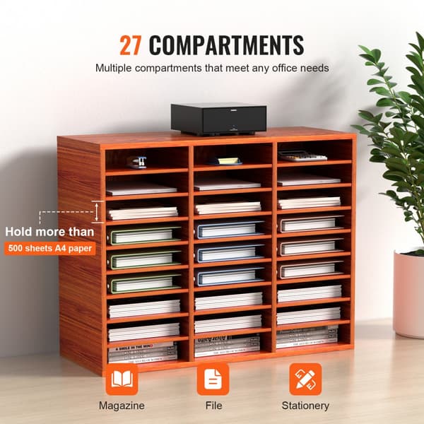 Træ Litteratur Organizer, 27 Slots Papir Opbevaringsholder, Filsortering, Brun, Robust Design, Ideel til Kontor og Hjem.