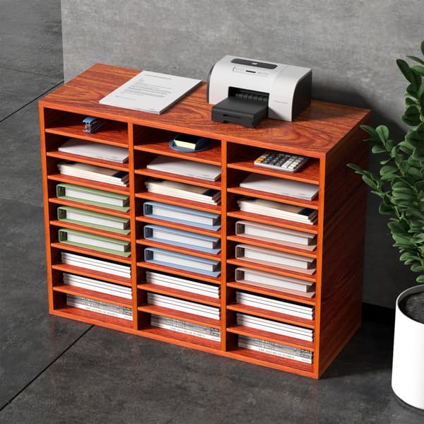 Træ Litteratur Organizer, 27 Slots Papir Opbevaringsholder, Filsortering, Brun, Robust Design, Ideel til Kontor og Hjem.