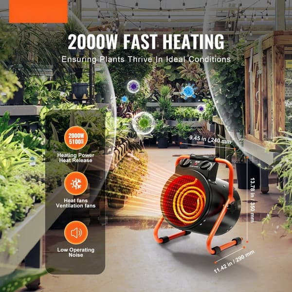 Drivhusvarmer 2000W, hurtig opvarmning, overophedningsbeskyttelse, vandtæt design, energibesparende løsninger til dit drivhus.