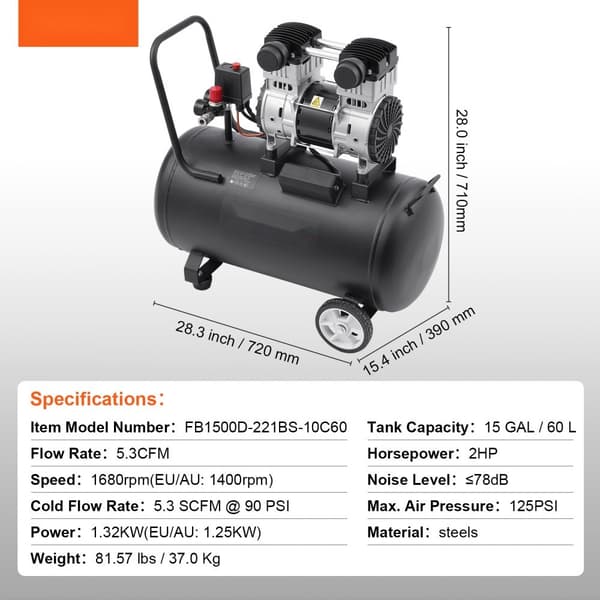 Luftkompressor Bärbar Oljefri 15 Gallon 90 PSI, Effektiv tryckluftslösning, Lättviktig och bekväm, För hem och verkstad