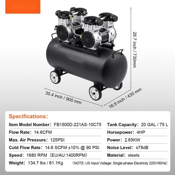 Luftkompressor Bärbar Oljefri 20 Gallon, 90 PSI, Tyst Drift, Effektiv, Energisparande, Perfekt för Hem och Garage