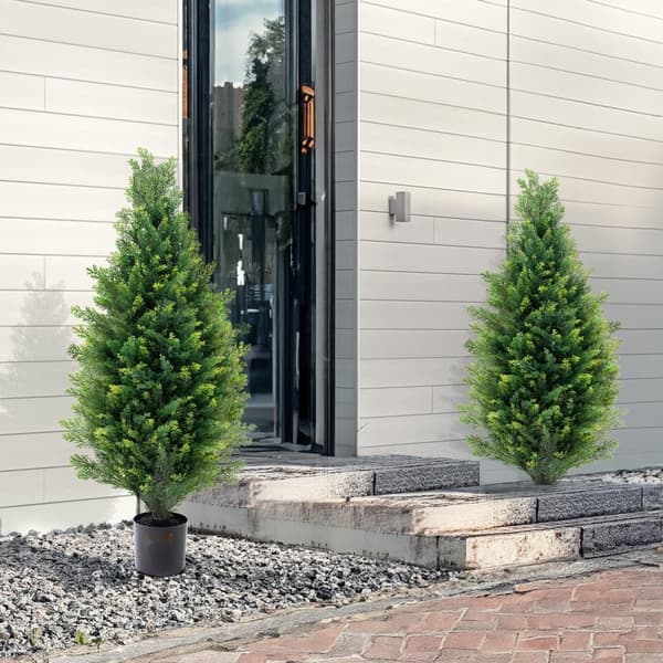 2-pack Konstgjord Ceder Topiary Träd, UV-beständig, Långvarig Dekoration för Inomhus och Utomhus, Realistisk Faux Växt