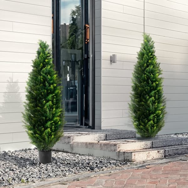 2-pack Konstgjord Ceder Topiary Träd 4', UV-skyddad Växt, Inomhus/Ute Dekoration, Perfekt för Trädgård och Heminredning