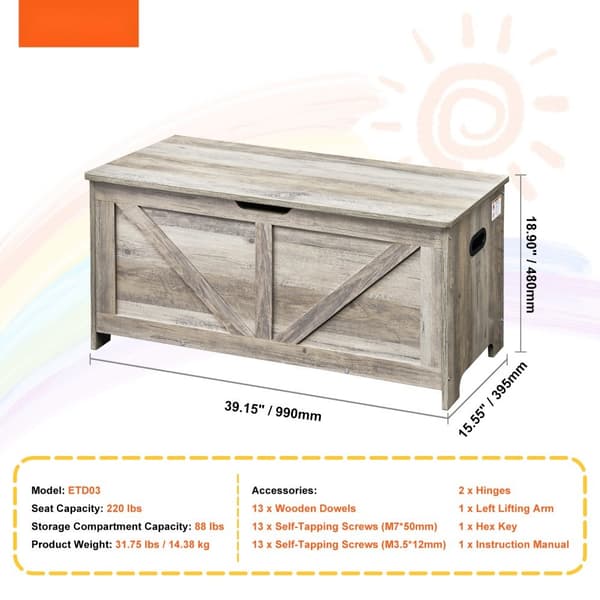 Lasten Lelujen Säilytyspenkki - Puinen Lelulaatikko, Harmaa, Koko 38,98 x 15,55 x 18,9