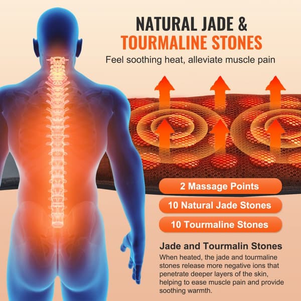 Far Infrarød varmepude 10 naturlige jade og 10 turmalinsten, justerbar varme, smerteaflastning, ergonomisk design, massagefunktion.