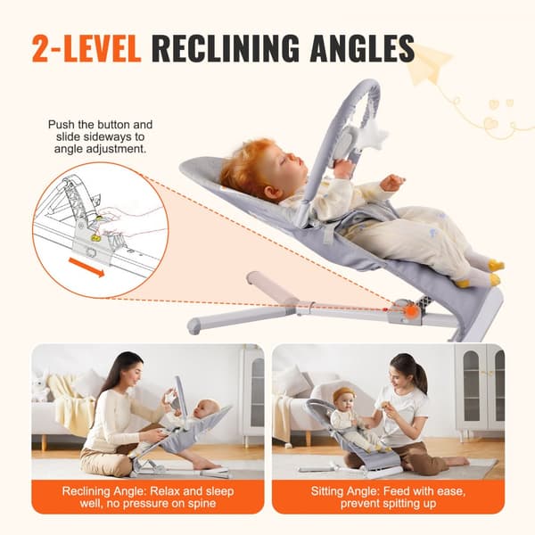 Folde Baby Bouncer, Sædestol til 0-9 måneder, med legetøjsstang, justerbar, komfortabel, letvægts, sikkerhedssele.