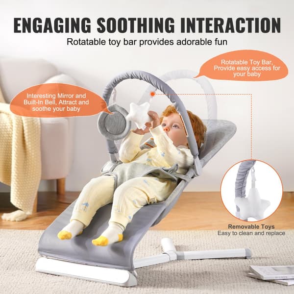 Folde Baby Bouncer, Sædestol til 0-9 måneder, med legetøjsstang, justerbar, komfortabel, letvægts, sikkerhedssele.
