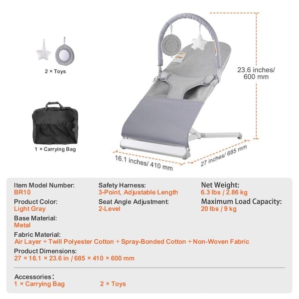 Folde Baby Bouncer, Sædestol til 0-9 måneder, med legetøjsstang, justerbar, komfortabel, letvægts, sikkerhedssele.