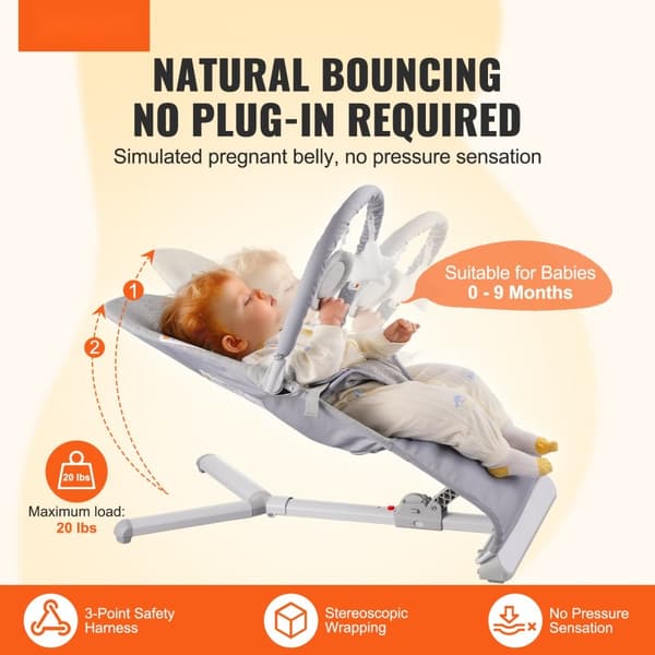 Folde Baby Bouncer, Sædestol til 0-9 måneder, med legetøjsstang, justerbar, komfortabel, letvægts, sikkerhedssele.