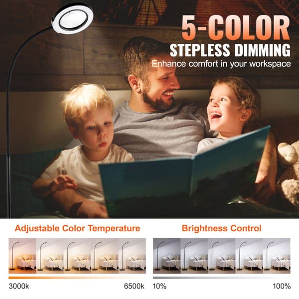 Golvförstoringsglas 5X med LED-ljus och stativ, flexibel svanhals för detaljarbete, läsning och hantverk