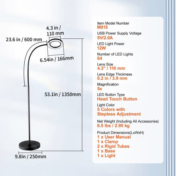 Golvförstoringsglas 5X med LED-ljus och stativ, flexibel svanhals för detaljarbete, läsning och hantverk