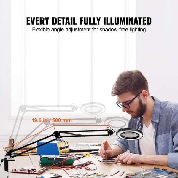 5X gulvforstørrelsesglas med stativ og LED-lys, 5 farvetilstande, 3-i-1, perfekt til hobby og håndværk.