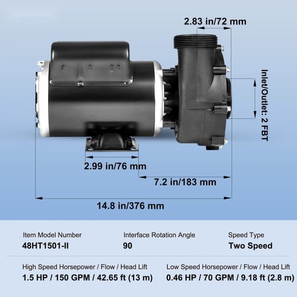 Spa-pumpe 2-hastigheder, 1100W/35M³/h højhastighed, 250W/14M³/h lavhastighed, 2 tommer stik, overophedning beskyttelse, til hjem og udendørs spa.