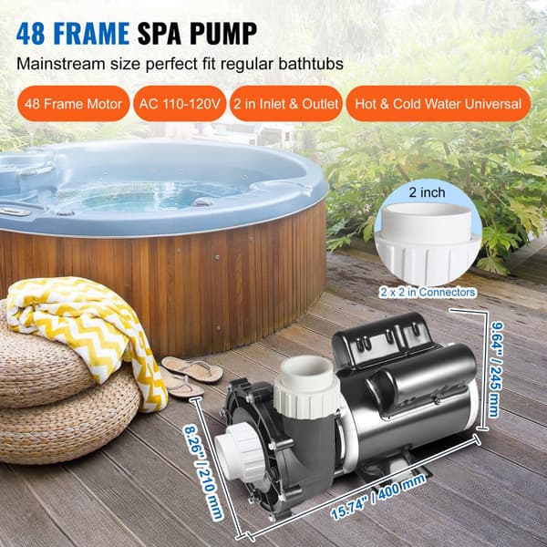 Spa-pumpe 2-hastigheder, 1100W/35M³/h højhastighed, 250W/14M³/h lavhastighed, 2 tommer stik, overophedning beskyttelse, til hjem og udendørs spa.