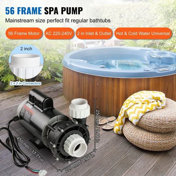 Spa-pump 1600W, dubbel hastighet 39 m³/h, 400W 19 m³/h, 2 In/5,6 cm kontakter, överhettningsskydd, läckageskydd, 90° rotation