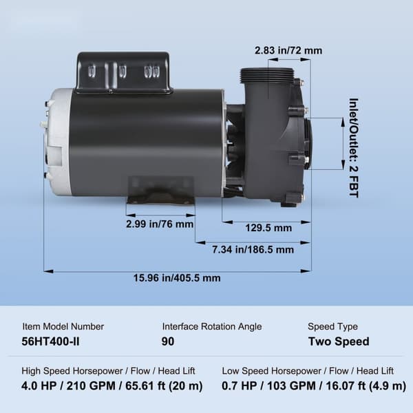 Spa-pump 1900W, dubbla hastigheter, 2 In/5,6CM kontakter, överhettningsskydd, lämplig för hemmaspa och utomhusspa