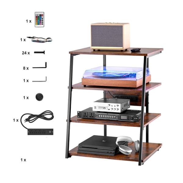 4-tasoinen AV-mediateline, puinen kulma-TV-teline, Power Strips, LED-valo, moderni muotoilu, kestävä rakenne