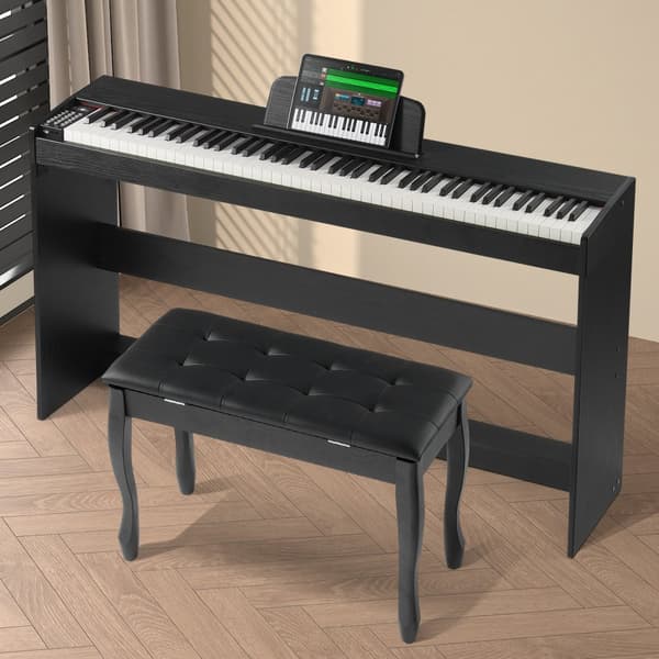 88-tasters fuldt vægtet digital klaver med dobbelt keyboardskab og justerbar bænk, ideel til musikere og koncertbrug.