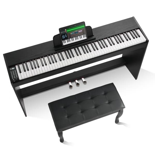 88-tasters fuldt vægtet digital klaver med dobbelt keyboardskab og justerbar bænk, ideel til musikere og koncertbrug.