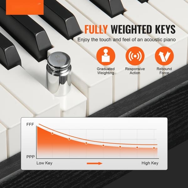 88-tasters fuldt vægtet digital klaver med dobbelt keyboardskab og justerbar bænk, ideel til musikere og koncertbrug.
