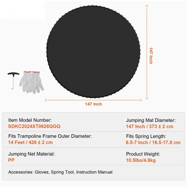 Ersättningsstudsmatta 14 fot, 72 V-ring, passar fjädrar 6,5-7, hållbar, lätt att installera, säker och bekväm hoppa!