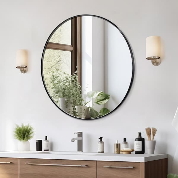 Rundt vægmonteret spejl 30 cm med aluminiumsramme, elegant design, perfekt til badeværelse og stue, let opsætning.