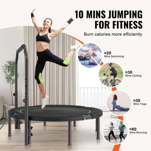 Kokoontaitettava Minifitness-Trampoliini Aikuisille, Harjoitusrebounder Kahvalla, Optimoitu Kuntoilu, 52 tuumaa