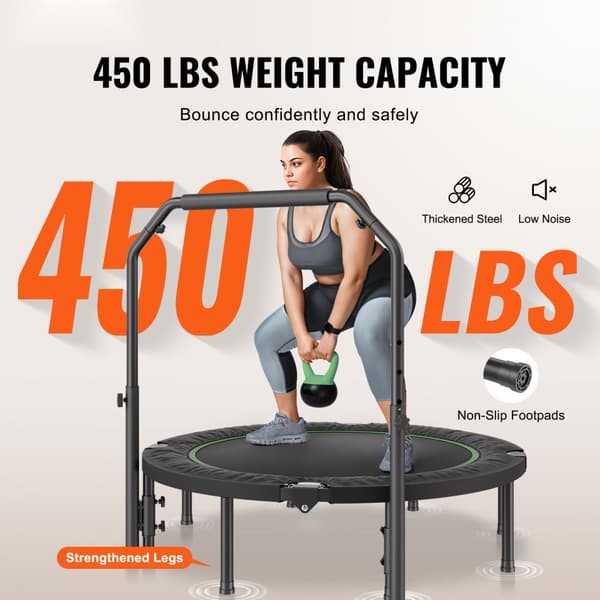 Kokoontaitettava Minifitness-Trampoliini Aikuisille, Harjoitusrebounder Kahvalla, Optimoitu Kuntoilu, 52 tuumaa