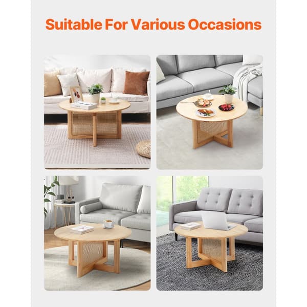 Rundt Rattan Sofabord i Træ, Enkelt Niveau, Moderne Stueindretning, Holdbart Design, Perfekt til Café og Hjem.