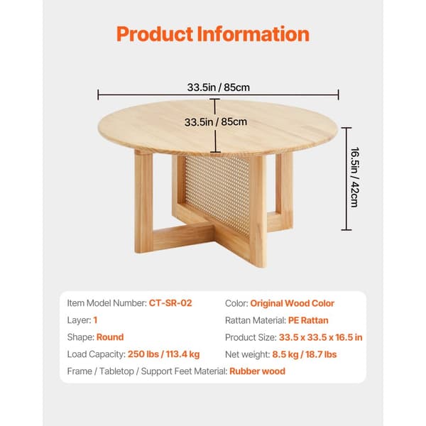 Rundt Rattan Sofabord i Træ, Enkelt Niveau, Moderne Stueindretning, Holdbart Design, Perfekt til Café og Hjem.