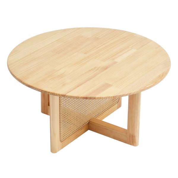 Rundt Rattan Sofabord i Træ, Enkelt Niveau, Moderne Stueindretning, Holdbart Design, Perfekt til Café og Hjem.