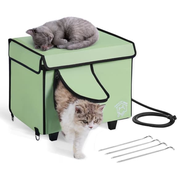 Forhøjet opvarmet kattehus Cuboid, katteshelter med opvarmet pude, grøn (S), komfortabel og varm til din kat.