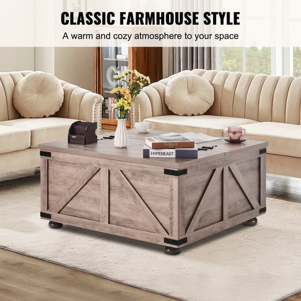 Fyrkantigt Soffbord i Lantlig Stil med Förvaring, Gångjärn, Beige, Praktisk Design för Hemmet