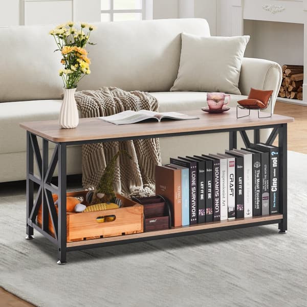 40'' Farmhouse Sofabord, Rektangelbord med åbent opbevaringsrum, elegant design, solid konstruktion, perfekt til stuen.