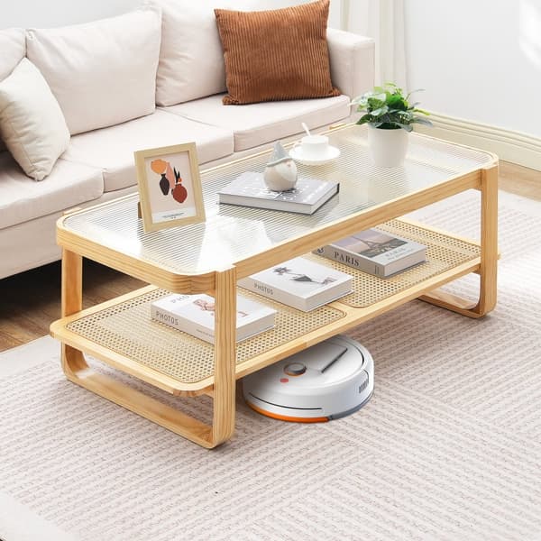 Rattan Sofabord Rektangulær 2-Tiers, Stilfuldt Design til Stue, Holdbart og Funktionelt, Perfekt til Indretning.