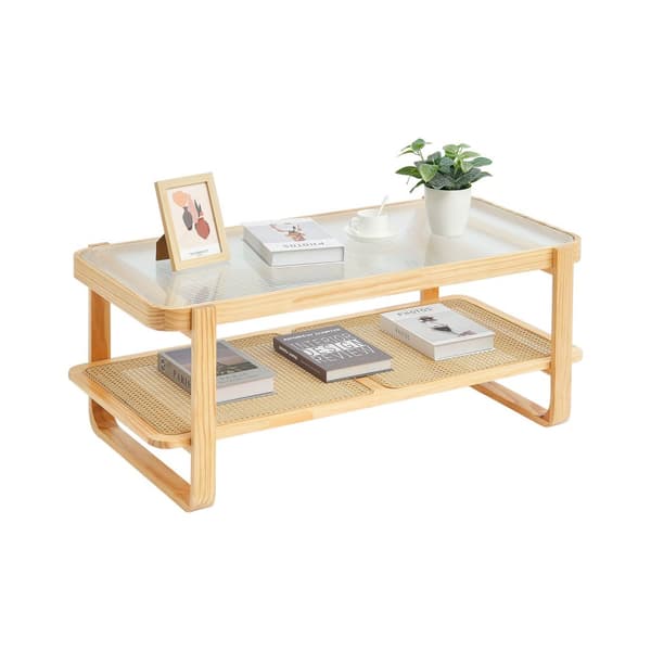 Rattan Sofabord Rektangulær 2-Tiers, Stilfuldt Design til Stue, Holdbart og Funktionelt, Perfekt til Indretning.