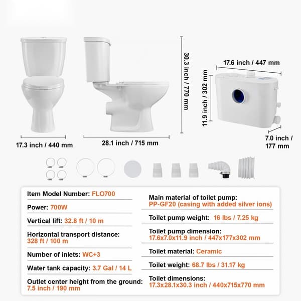 Macererende toilet-system med 700W pumpe, opflush toilet til kælder, støjsvag, energieffektiv, nem installation.