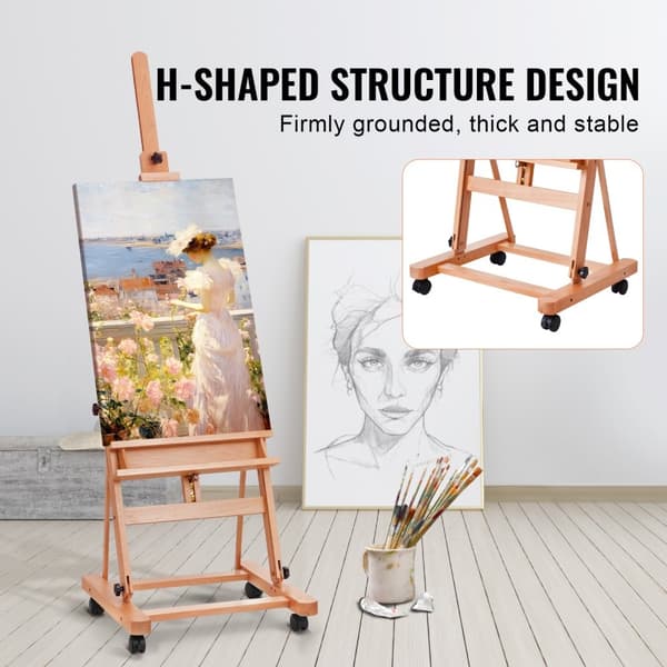 Studio H-Frame Staffli för Canvaskonst upp till 48 tum, Justerbar Höjd, Stabil Beechwood, Hållbart och Professionell Konstnärsutrustning