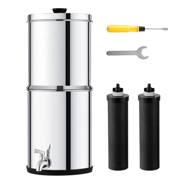 2,25G tyngdekraftvandfilter bordpladesystem, rustfrit stål, dobbelte filtre, effektiv vandrensning, nem installation.