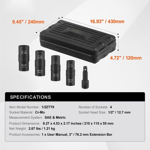 Slagmøtrik Socket Sæt 1/2” Drive, Metrisk & SAE, 6-punkts Flip Socket, Holdbar, Professionelt Værktøj til Bilreparation.