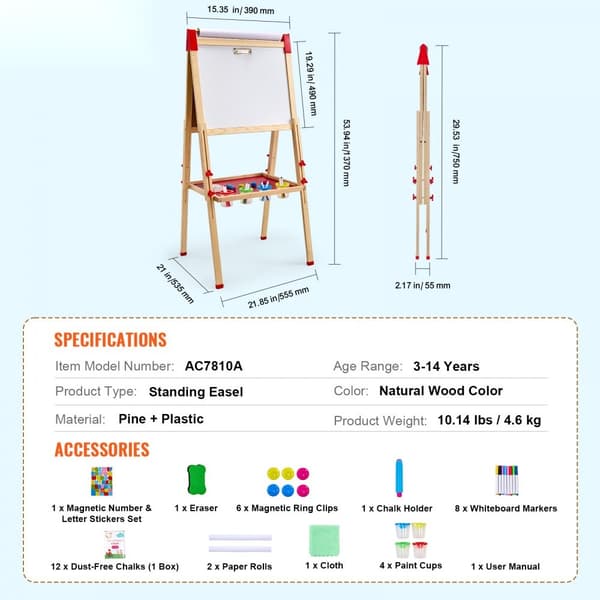 Børnekunst staffeli 3-i-1, dobbeltsidet magnetisk whiteboard, træ, kreativitet, læring, justerbar højde, hjem og skole.