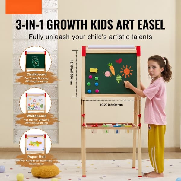 Børnekunst staffeli 3-i-1, dobbeltsidet magnetisk whiteboard, træ, kreativitet, læring, justerbar højde, hjem og skole.