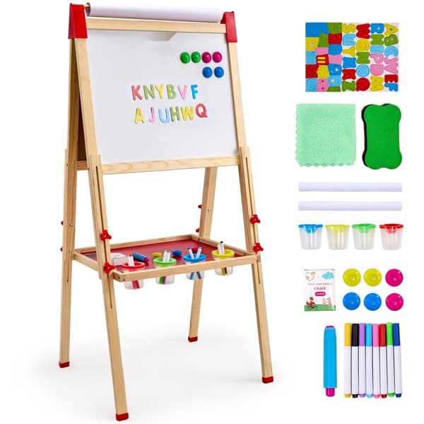 Børnekunst staffeli 3-i-1, dobbeltsidet magnetisk whiteboard, træ, kreativitet, læring, justerbar højde, hjem og skole.