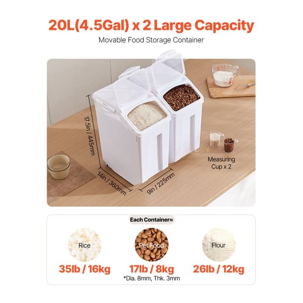 4,5 Gallon/20L x 2 Stor Ingrediensopbevaringsbeholder, Lufttæt Køkkenmelbeholder, Holdbar Plast, Effektiv Opbevaring.