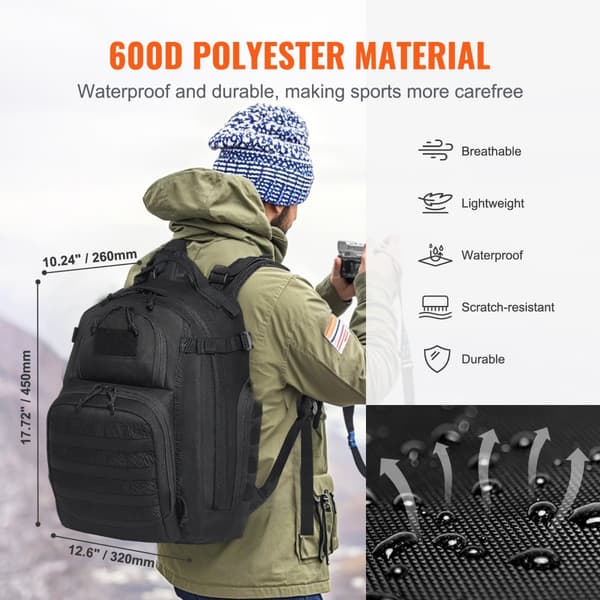 Taktinen Reppu 25L, Sotilaallinen Molle-reppu, Säädettävä Sponge Pad, Musta