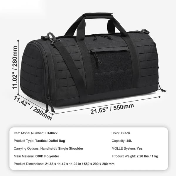 Taktisk Duffle Bag 45L, Hållbar Gymväska med Molle-mönster, Skofack för Träning och Resa, Crossover Design, Mångsidig Användning
