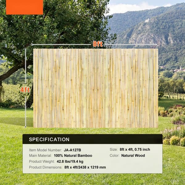 Naturligt rullet bambushegn, bambuspanel 4 ft H x 8 ft L x 0,75 in D, slidstærk, miljøvenlig haveindretning.