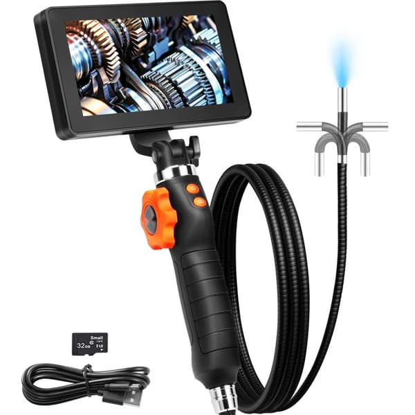 Borescope Endoskop 2-vejs 180° artikulerende, 5” IPS skærm, 8X zoom, 6,4 mm linse, ideel til inspektion.