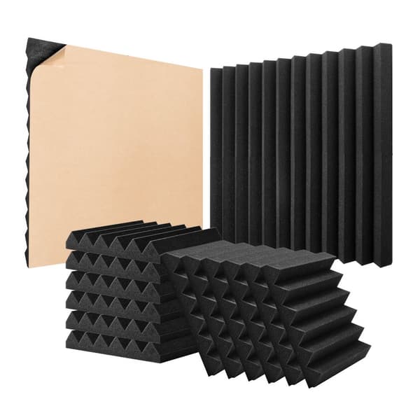 Akustiske skumpaneler 24-pak, 12x12x2 cm, klæbemiddel til væg og loft, forbedrer lydisolering, nem installation.